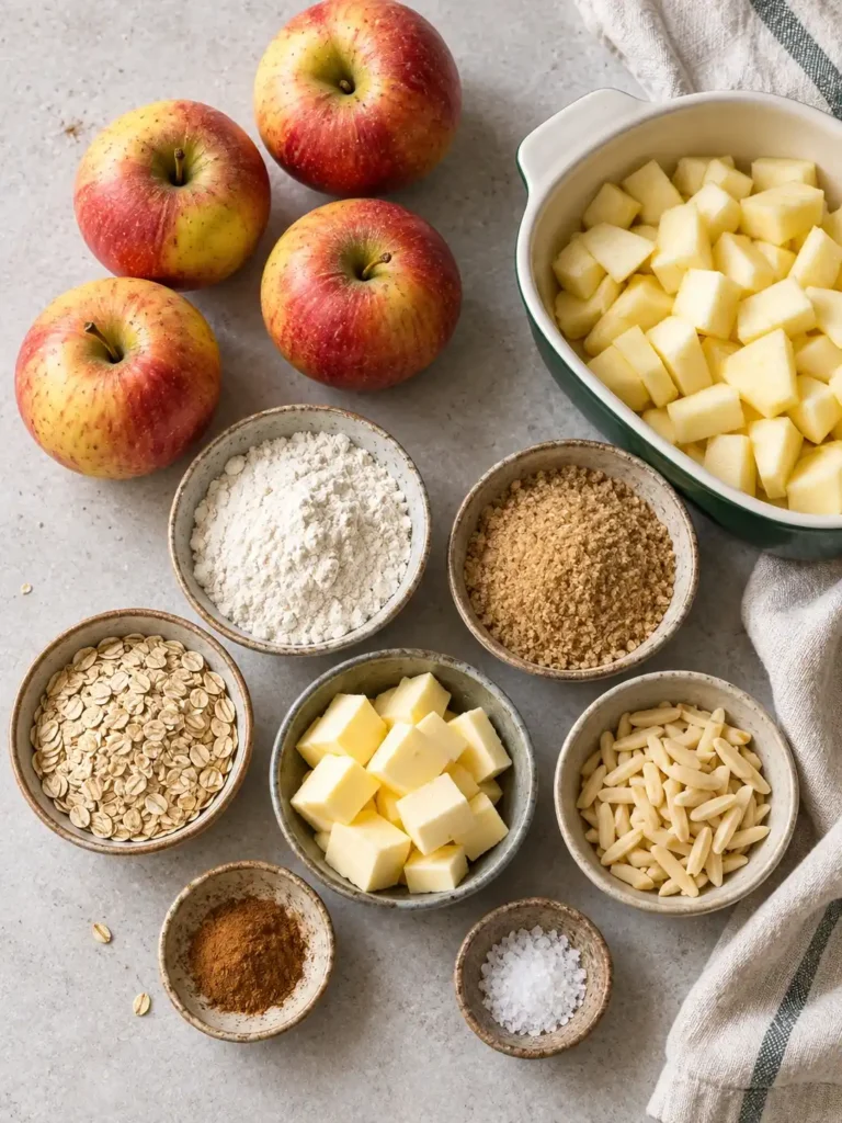 Zutaten für Apfel-Crumble mit Haferflocken und Mandeln: Äpfel, Mehl, Zucker, Butter und Zimt