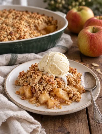 Apfel-Crumble mit Haferflocken und Mandeln, warm serviert mit einer Kugel Vanilleeis