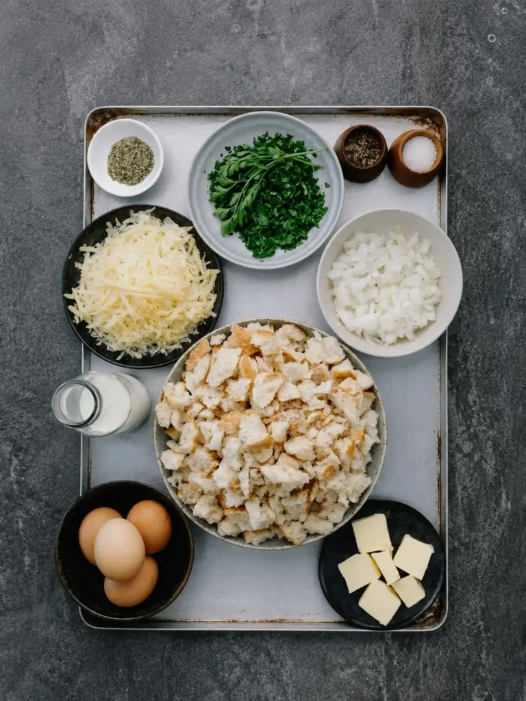 Zutaten für Tiroler Kaspressknödel mit Bergkäse, altem Brot, Milch, Eiern, Zwiebeln und Petersilie
