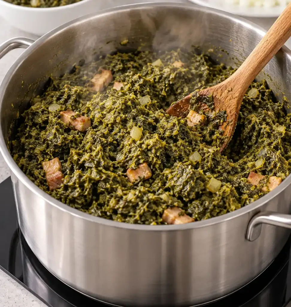 Grünkohl mit Speck und Zwiebeln im Topf kochen und mit einem Holzlöffel umrühren