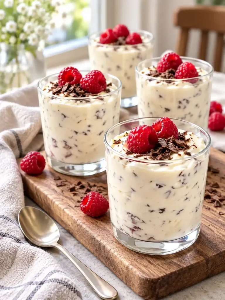 Herrencreme nach Omas Rezept mit Rum, Schokoraspeln und Himbeeren in vier Dessertgläsern