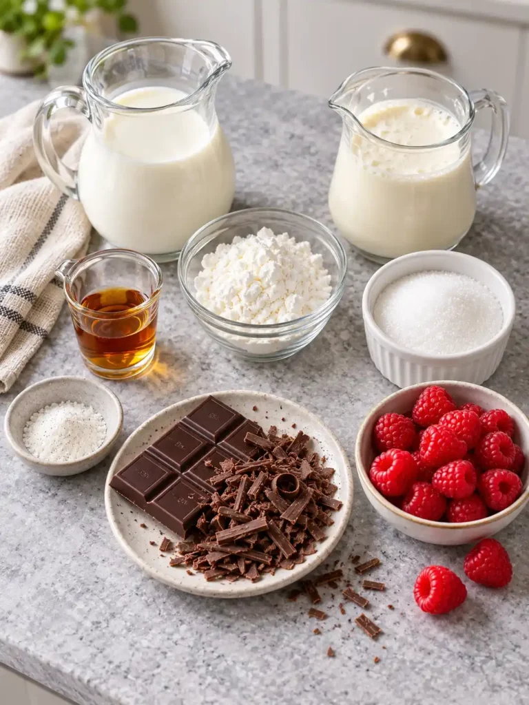 Zutaten für westfälische Herrencreme mit Rum: Milch, Sahne, Puddingpulver, Zucker, Schokolade und Himbeeren