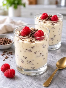 Original westfälische Herrencreme mit Rum, Schokoraspeln und Himbeeren in zwei Dessertgläsern