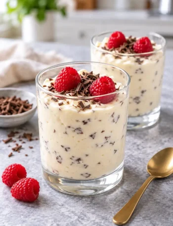 Original westfälische Herrencreme mit Rum, Schokoraspeln und Himbeeren in zwei Dessertgläsern