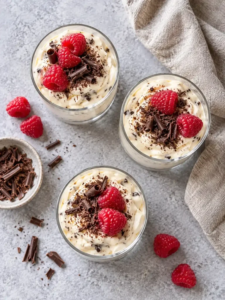 Drei Gläser westfälische Herrencreme mit Rum, Schokoraspeln und frischen Himbeeren