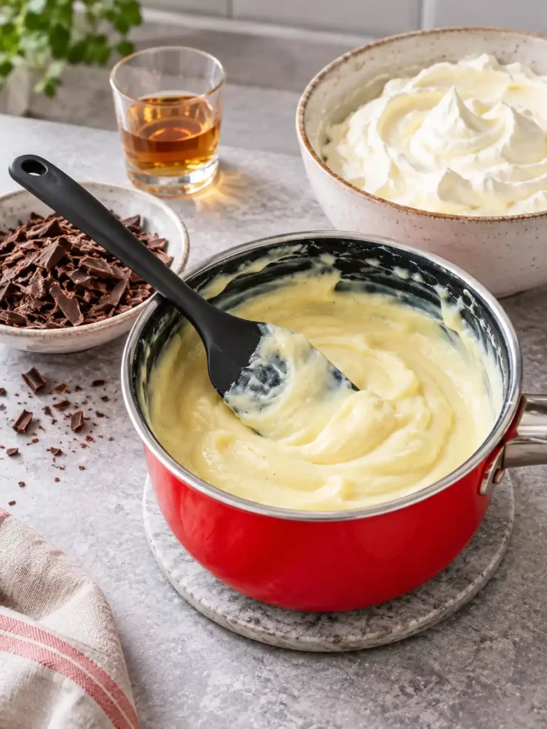 Herrencreme zubereiten mit abgekühltem Vanillepudding, geschlagener Sahne, Rum und Zartbitterschokolade
