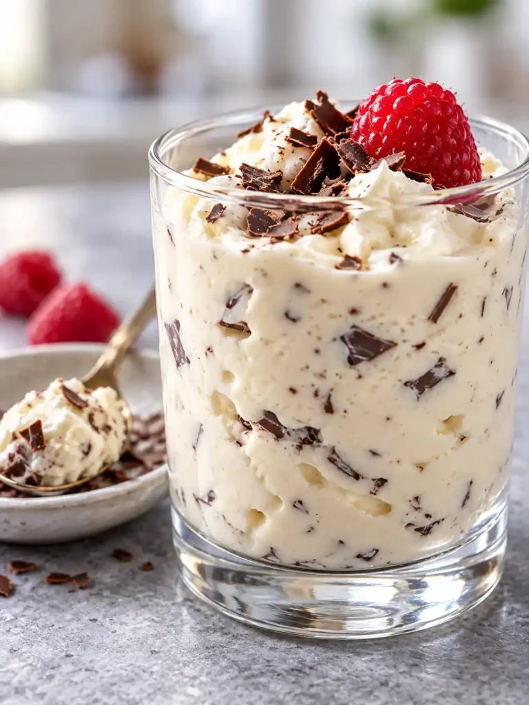 Nahaufnahme von westfälischer Herrencreme mit Rum, Schokostückchen und Himbeere in einem Dessertglas
