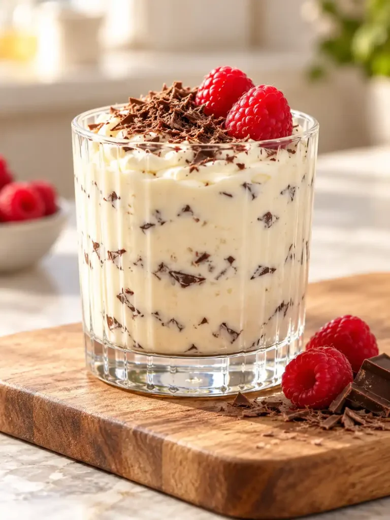 Cremige Herrencreme mit Rum, Zartbitterschokolade und frischen Himbeeren im Dessertglas