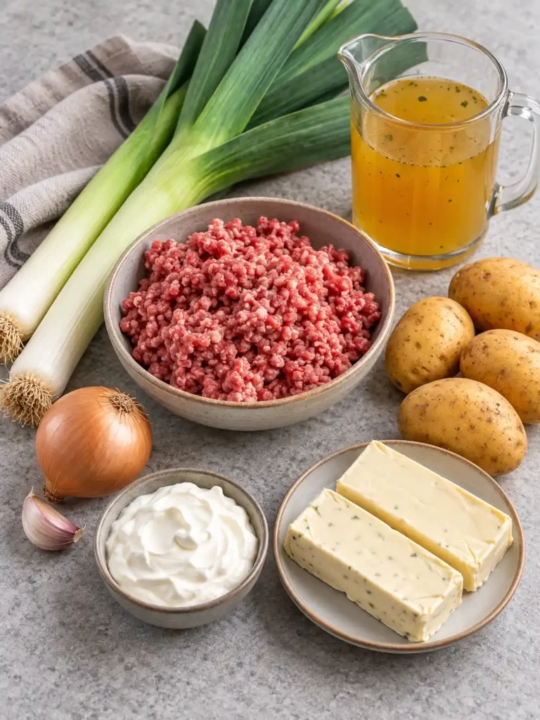 Zutaten für Käse-Lauch-Suppe mit Hackfleisch, Schmelzkäse, Kartoffeln und frischem Lauch