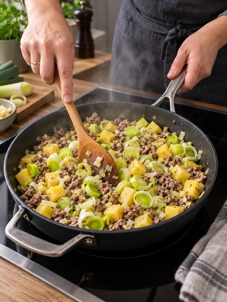 Hackfleisch, Lauch und Kartoffeln für Käse-Lauch-Suppe werden in einer Pfanne angebraten