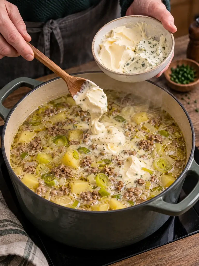 Sahne- und Kräuterschmelzkäse werden in die Käse-Lauch-Suppe mit Hackfleisch und Kartoffeln eingerührt