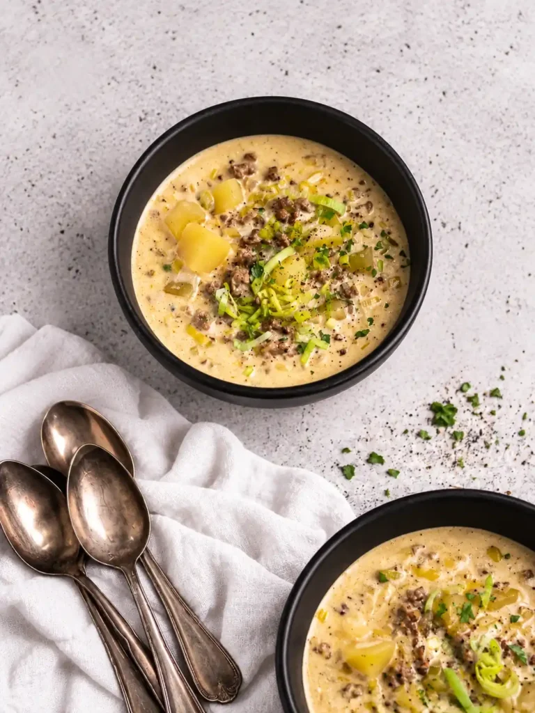 Zwei Schüsseln Käse-Lauch-Suppe mit Schmelzkäse, Hackfleisch und Kartoffeln