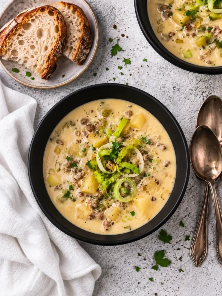 Käse-Lauch-Suppe mit Schmelzkäse, Hackfleisch und Kartoffeln, serviert mit frischem Brot