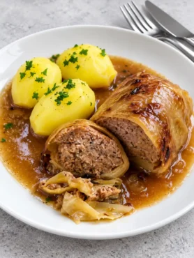 Aufgeschnittene Kohlrouladen mit Hackfleisch, brauner Soße und Petersilienkartoffeln auf einem weißen Teller