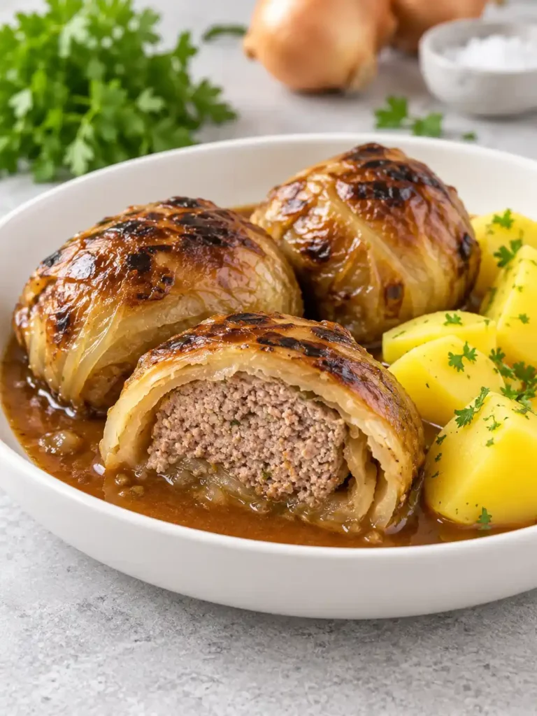 Aufgeschnittene Kohlrouladen mit Hackfleisch, brauner Soße und Petersilienkartoffeln in einer weißen Schale