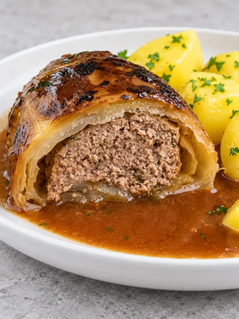 Nahaufnahme einer aufgeschnittenen Kohlroulade mit Hackfleischfüllung, brauner Soße und Petersilienkartoffeln