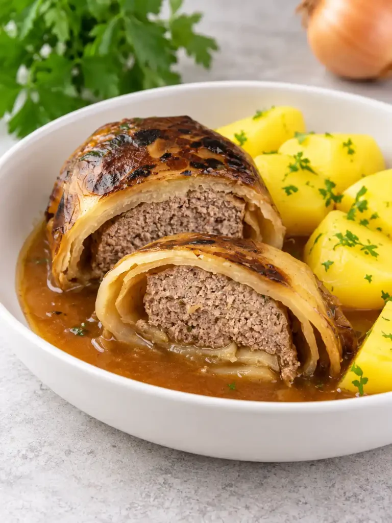 Halbierte Kohlrouladen mit Hackfleischfüllung, brauner Soße und Petersilienkartoffeln in einer weißen Schale