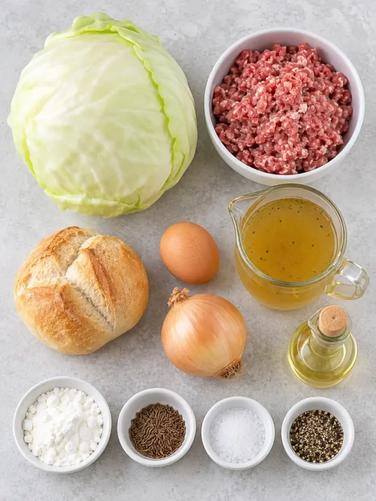 Zutaten für Kohlrouladen mit Hackfleisch und brauner Soße: Weißkohl, Hackfleisch, Brötchen, Ei, Zwiebel, Brühe und Gewürze