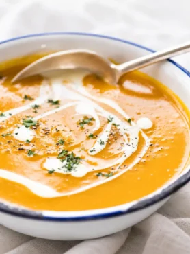 Cremige Kürbiscremesuppe mit Sahne, Petersilie und Pfeffer in einer weißen Schüssel
