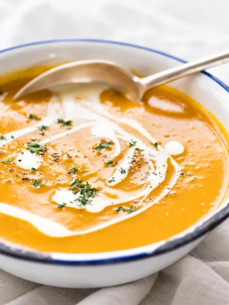 Cremige Kürbiscremesuppe mit Sahne, Petersilie und Pfeffer in einer weißen Schüssel