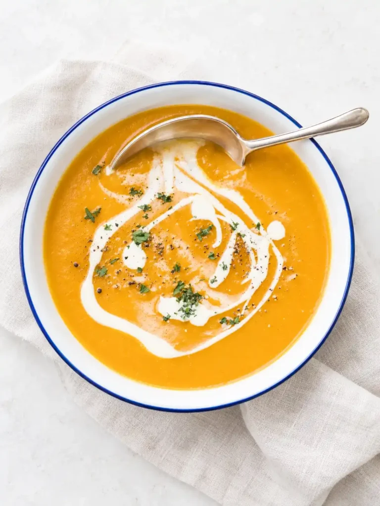Kürbiscremesuppe mit Sahne, Petersilie und Pfeffer aus der Vogelperspektive
