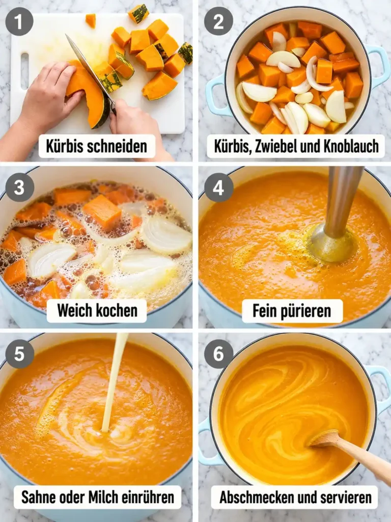 ürbiscremesuppe selber machen in sechs einfachen Schritten mit Kürbis, Brühe und Sahne