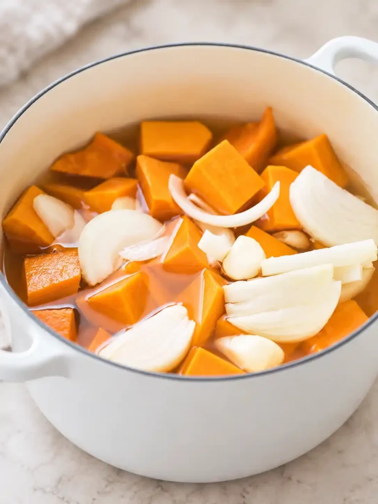 Kürbisstücke mit Zwiebel und Knoblauch in Brühe für eine einfache Kürbiscremesuppe