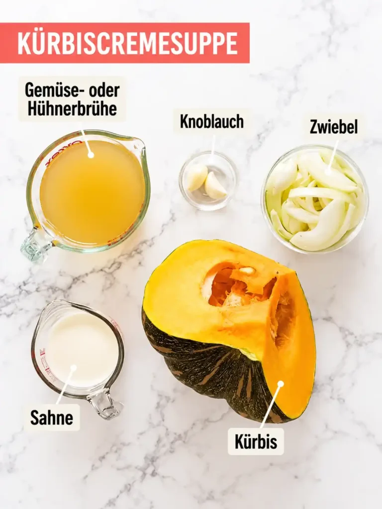 Zutaten für Kürbiscremesuppe mit Kürbis, Sahne, Zwiebel, Knoblauch und Brühe