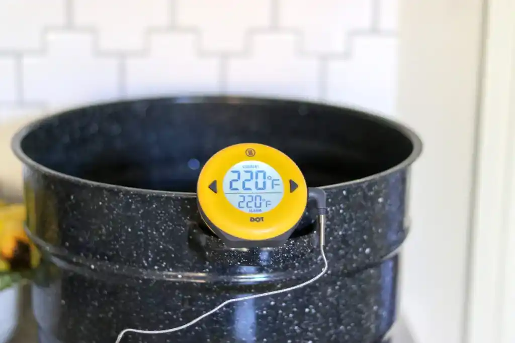 Digitales Thermometer zeigt beim Kochen von Quittengelee 220 °F beziehungsweise etwa 105 °C an