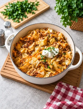 Spitzkohl mit Hackfleisch in einer weißen Pfanne nach Omas Rezept