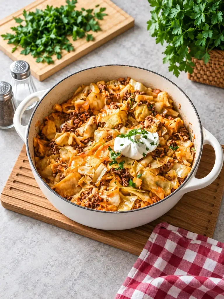 Spitzkohl mit Hackfleisch in einer weißen Pfanne nach Omas Rezept