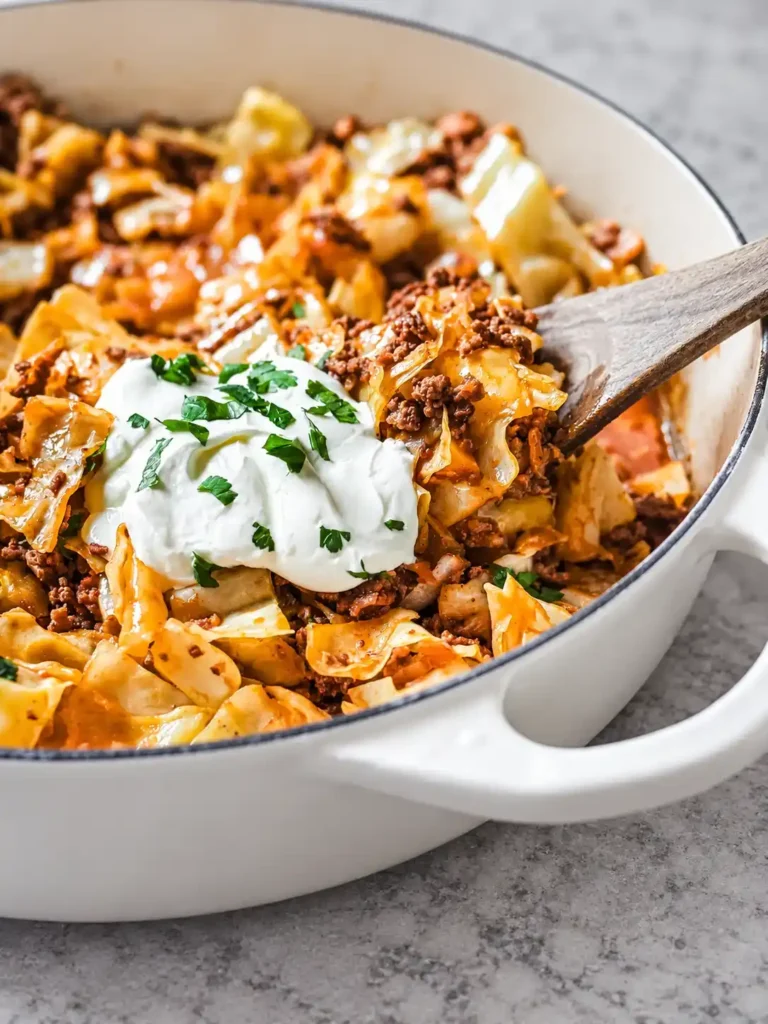 Spitzkohl einfach zubereitet mit Hackfleisch, Crème fraîche und Petersilie