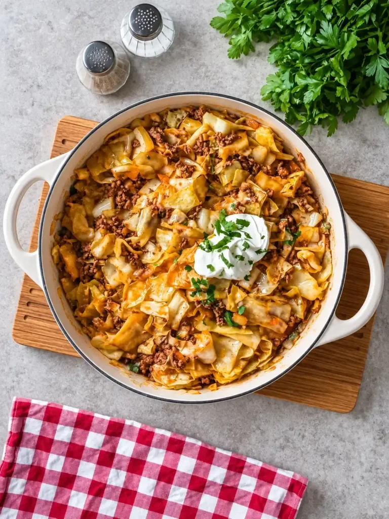 Spitzkohl mit Hackfleisch, Crème fraîche und Petersilie von oben fotografiert