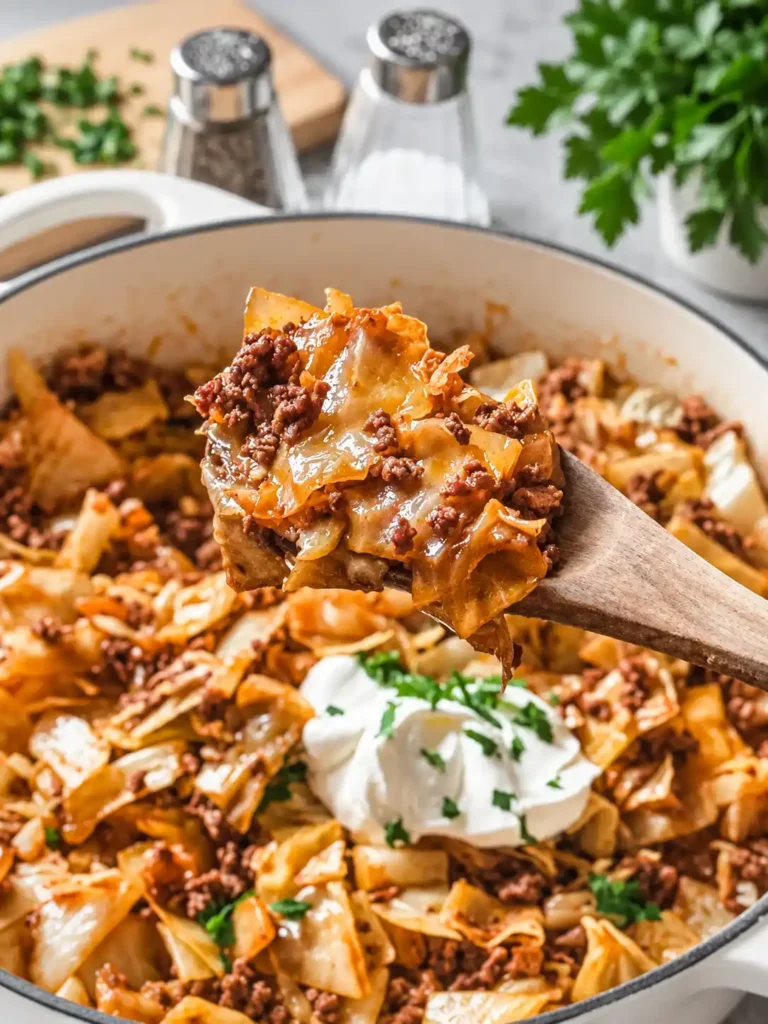 Gebratener Spitzkohl mit Hackfleisch und Crème fraîche in einer weißen Pfanne