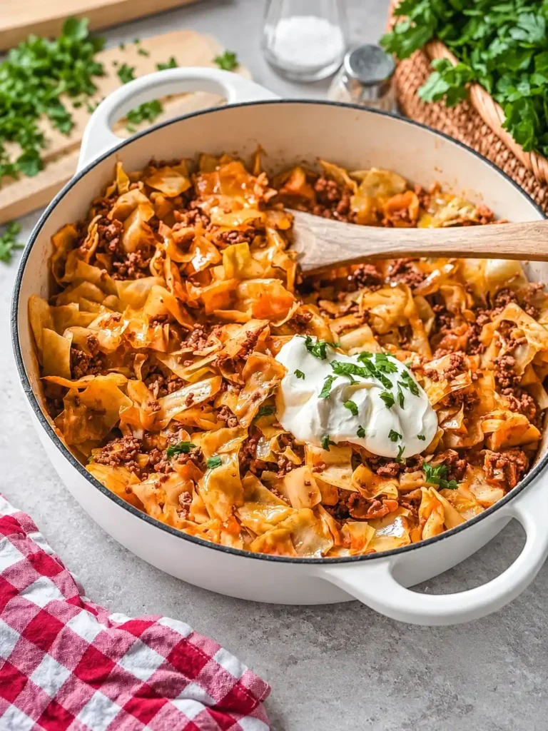 Klassischer Spitzkohl mit Hackfleisch, Crème fraîche und frischer Petersilie