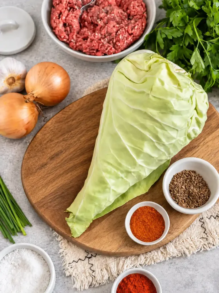 Zutaten für ein einfaches Spitzkohl-Rezept mit Hackfleisch, Zwiebeln und Gewürzen