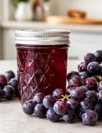 Glas mit selbst gemachtem Traubengelee neben frischen roten Trauben