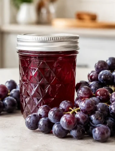 Glas mit selbst gemachtem Traubengelee neben frischen roten Trauben