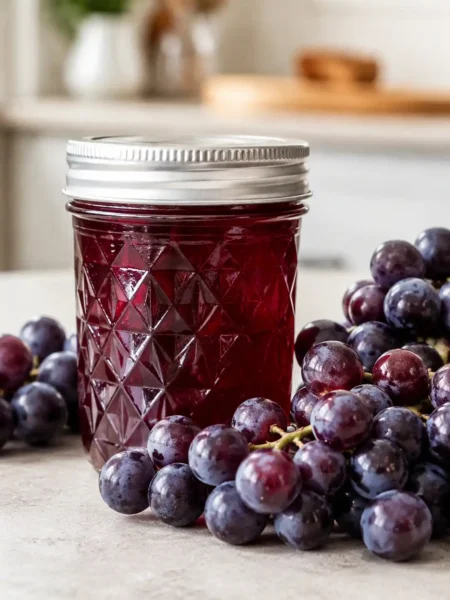 Glas mit selbst gemachtem Traubengelee neben frischen roten Trauben