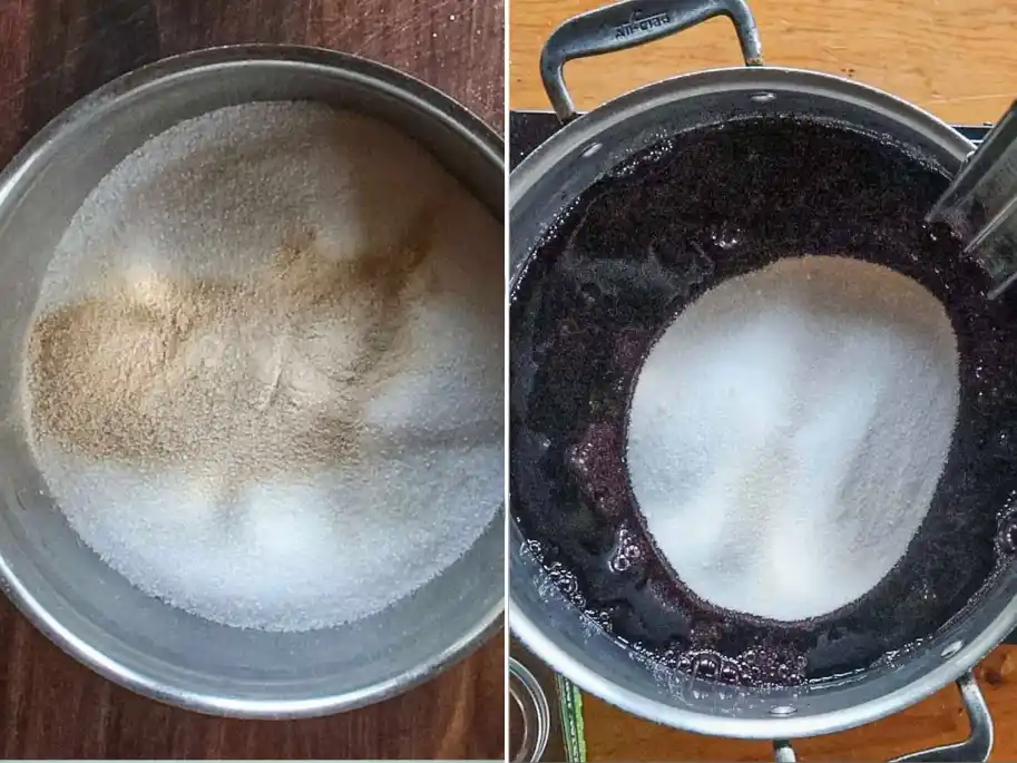 Zucker und Apfelpektin für Traubengelee mischen und in den Traubensaft geben