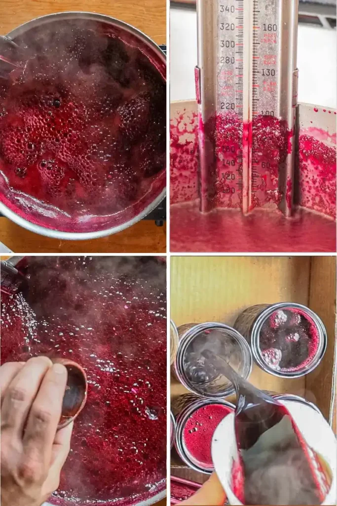 Traubengelee sprudelnd kochen, Temperatur prüfen, Zitronensaft einrühren und in Gläser füllen