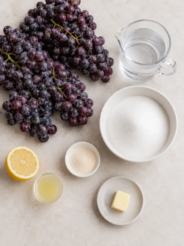 Zutaten für Traubengelee mit roten Weintrauben, Zucker, Apfelpektin, Wasser, Zitronensaft und Butter