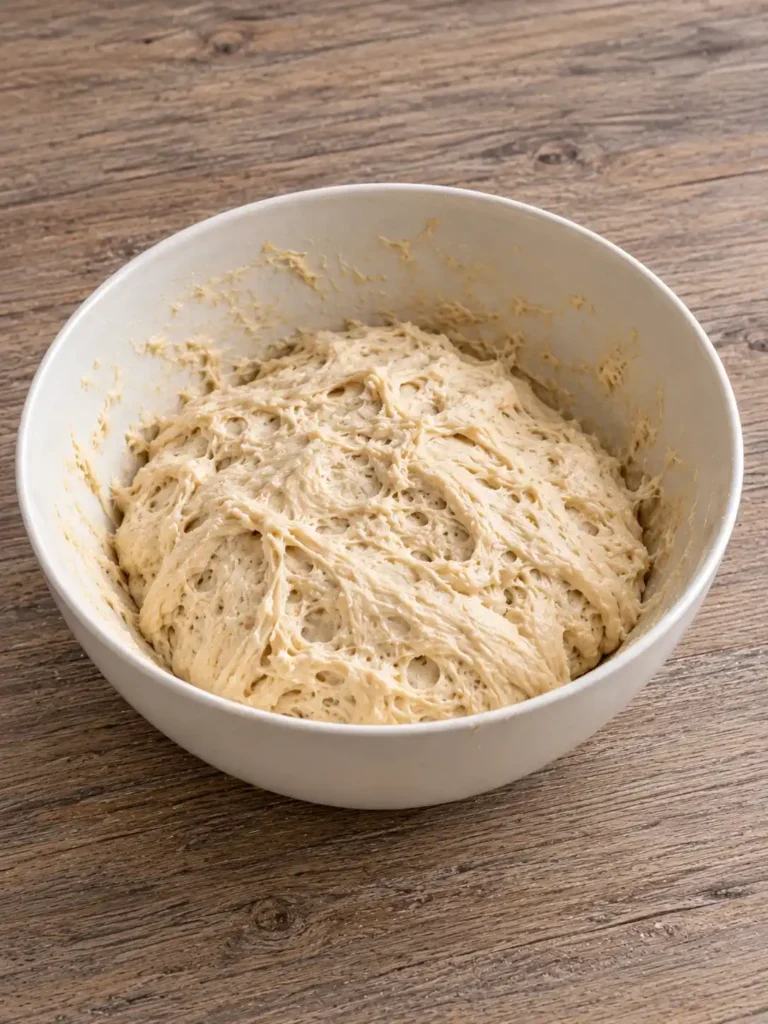 Weicher Brötchenteig mit sichtbaren Luftbläschen in einer weißen Schüssel auf einer Holzfläche.