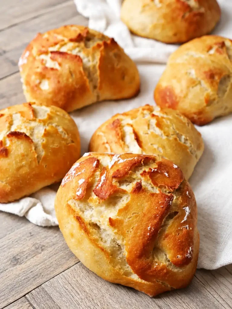 Sechs selbst gebackene Brötchen mit goldbrauner, leicht bemehlter Kruste auf hellem Leinentuch.
