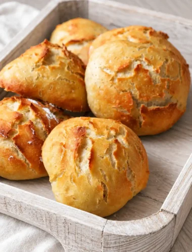 Fünf selbst gebackene Brötchen mit goldbrauner, rustikal aufgerissener Kruste in einem weißen Holztablett.