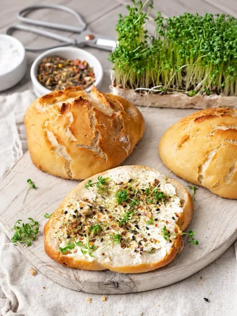 Selbst gebackene Brötchen und eine Brötchenhälfte mit Frischkäse, Kresse und Gewürzen auf einem hellen Holzbrett.