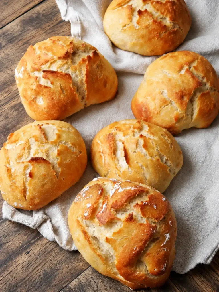 Sechs goldbraune Brötchen mit aufgerissener, leicht bemehlter Kruste auf einem hellen Leinentuch.