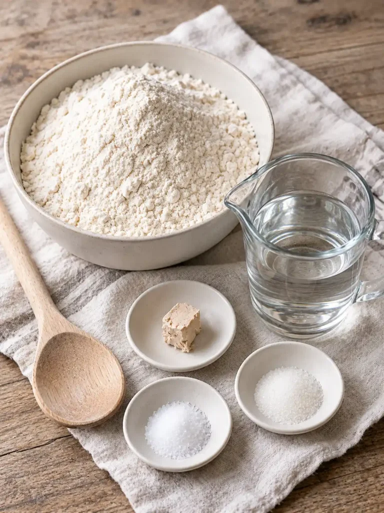 Mehl, frische Hefe, Wasser, Salz und Zucker als Zutaten für selbst gebackene Brötchen.