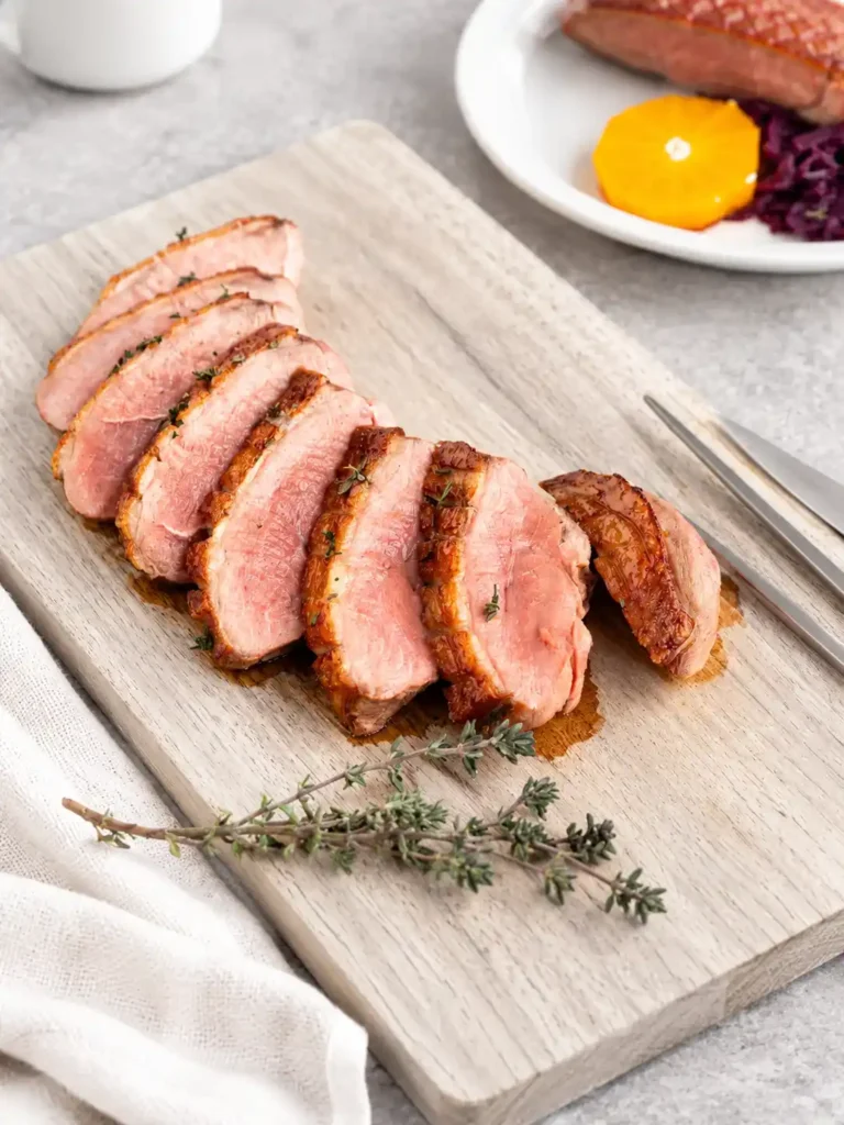 Aufgeschnittene Entenbrust mit goldbrauner Haut und rosa Fleisch auf einem hellen Holzbrett mit Thymian.