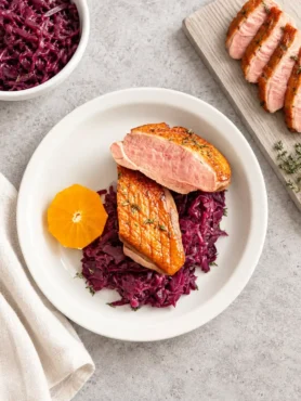 Entenbrust mit goldbrauner Haut und rosa Anschnitt auf Rotkohl, mit einer Orangenscheibe auf einem weißen Teller.